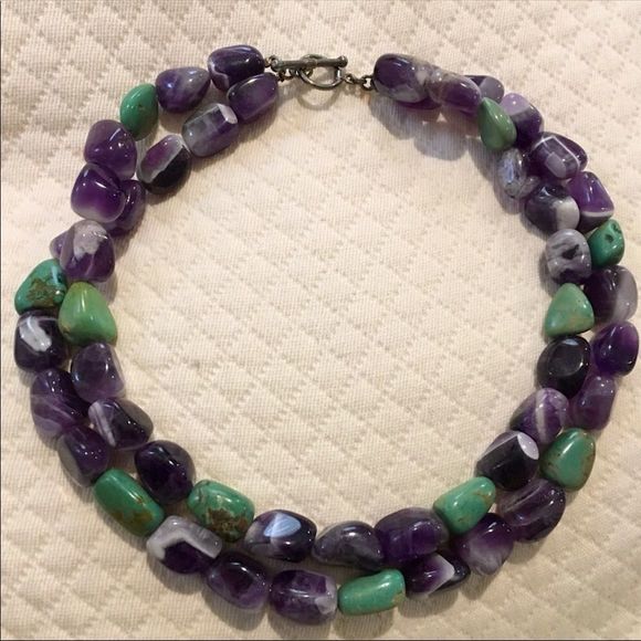VINTAGE Amethyst and Turquoise Double Strand Sterling Silver Necklace - Picture 8 of 11